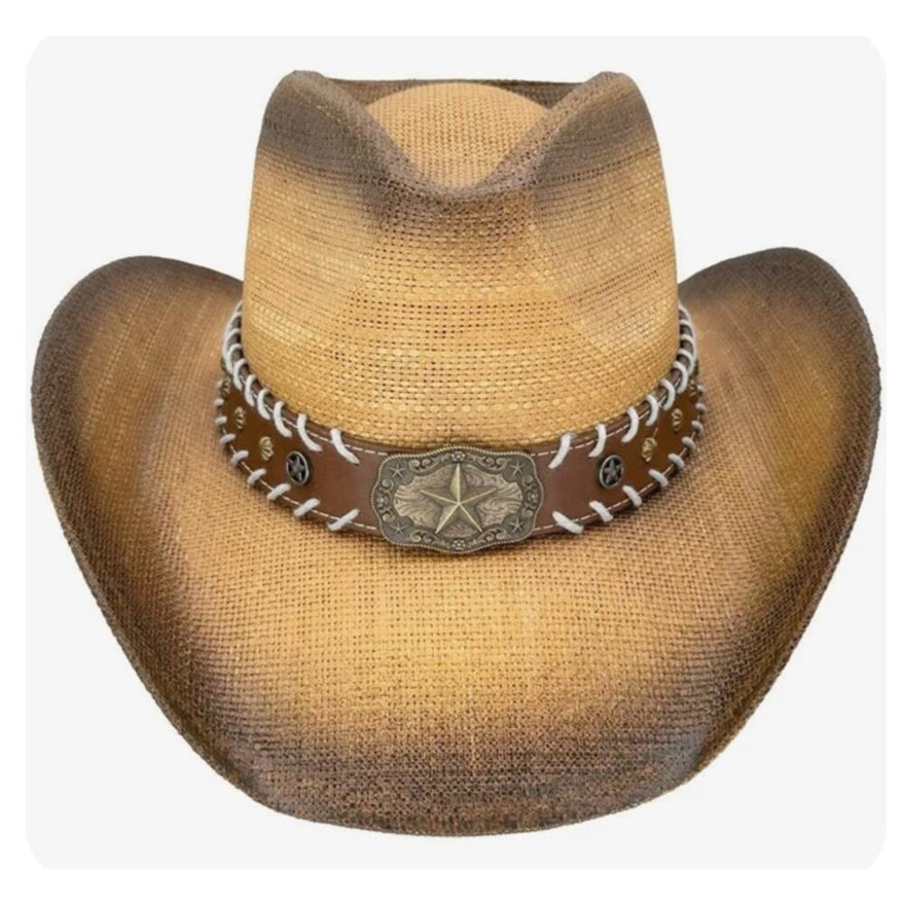 Paper Straw Brown Cowboy Hat with Star Leather Laced Band NEW